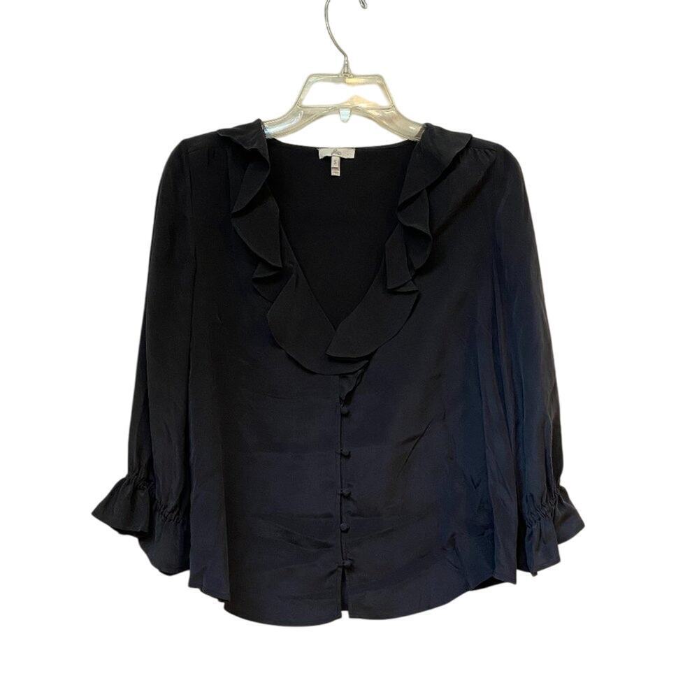 Joie Black Ruffle Button Silk 3/4 Sleeve Blouse Top Shirt